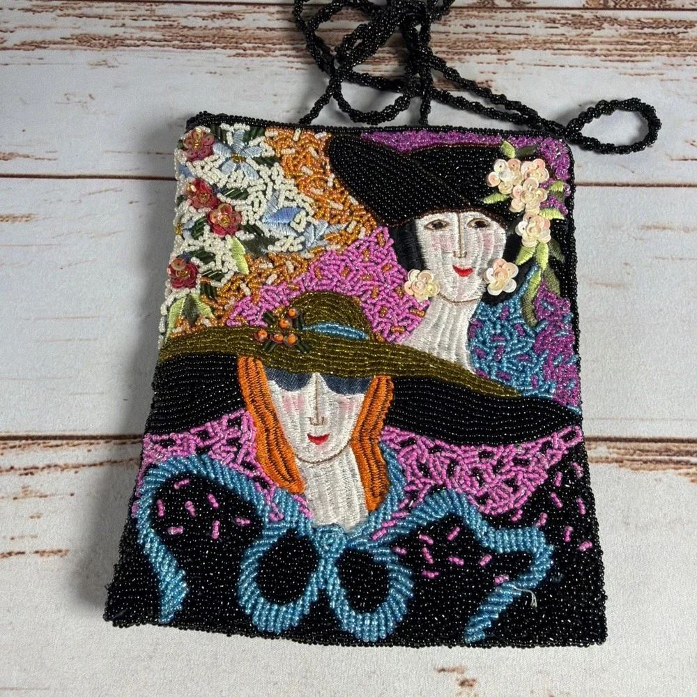 Vintage Seed Bead Purse Victorian Art Deco Ladies Flowers Black Pink Blue White
